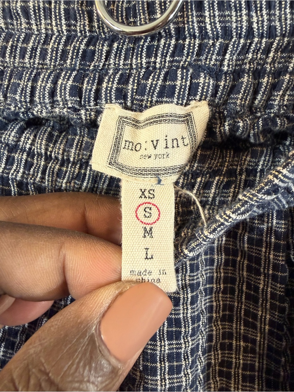 Mo:Vint Wide Leg Cropped Pants Size S Blue White Micro Gingham Pull On Waist - Picture 7 of 10